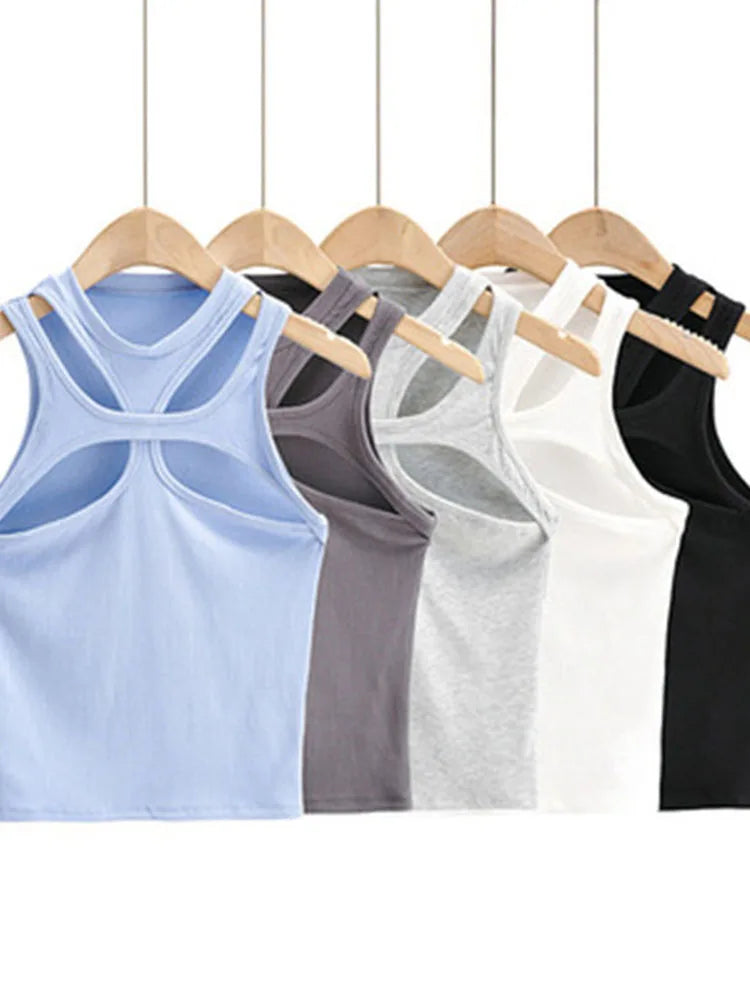Girls New Asymmetrical Hollow Solid Color Knitted Round Neck Short-sleeved Summer Sexy Vest on The Chest