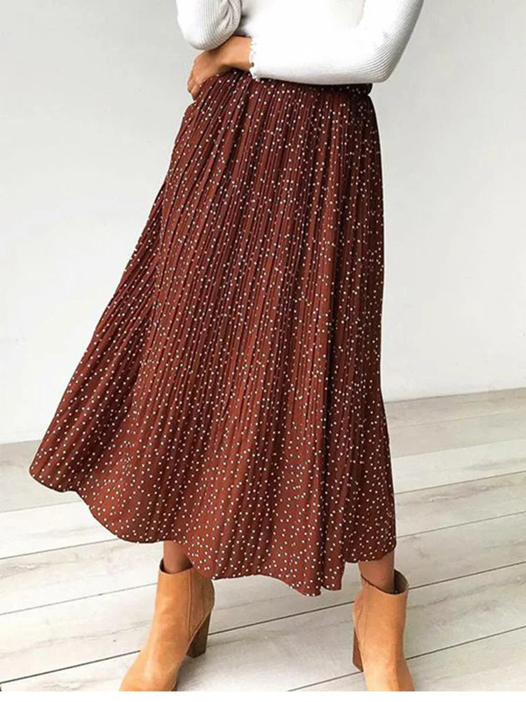 White Dots Floral Print Pleated Midi Skirt