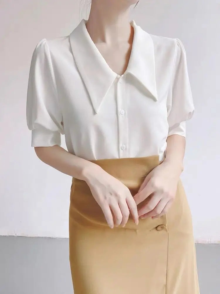 Women Short Sleeve Commuter Shirt 2024 Summer French Pointed Collar Professional Shirts Solid Female Blouses Office Lady Tops