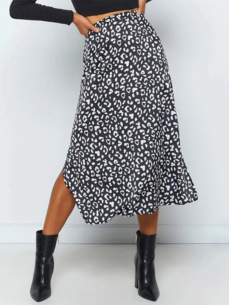 New Sexy Leopard Print Chiffon Split Skirt Casual Fashion Long Skirts for Women Spring Summer Zip Elegant Female Skirt