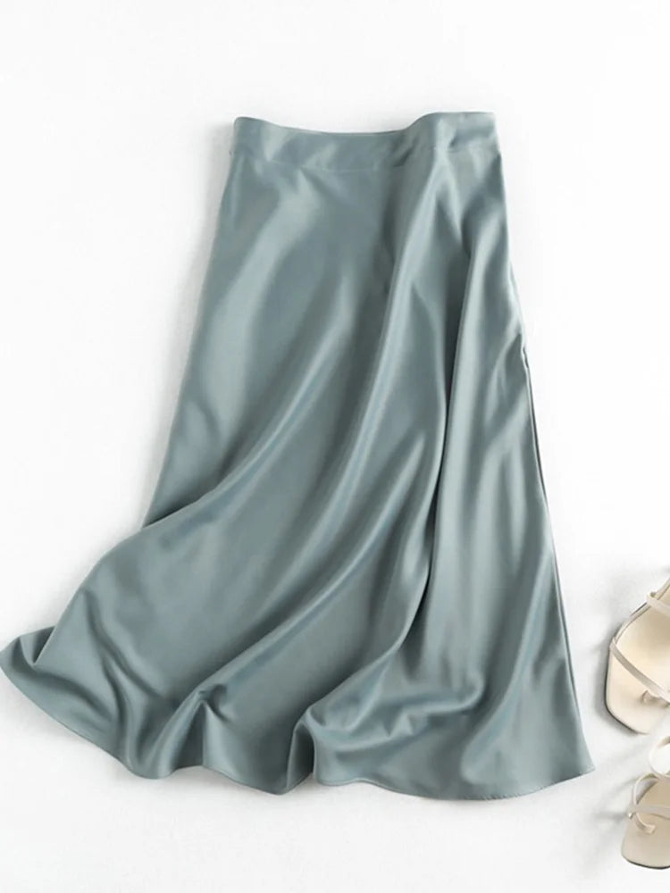 Summer Faldas Mujer Moda Midi Skirts Womens England Office Lady Satin High Waist Simple Elegant Long Skirt Women