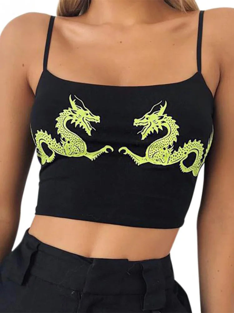 Women Casual Dragon Pattern Crop Tops Summer Cropped Sexy Tight Attractive Fitness Polyester U Neck Fashion Sleeveless Straps