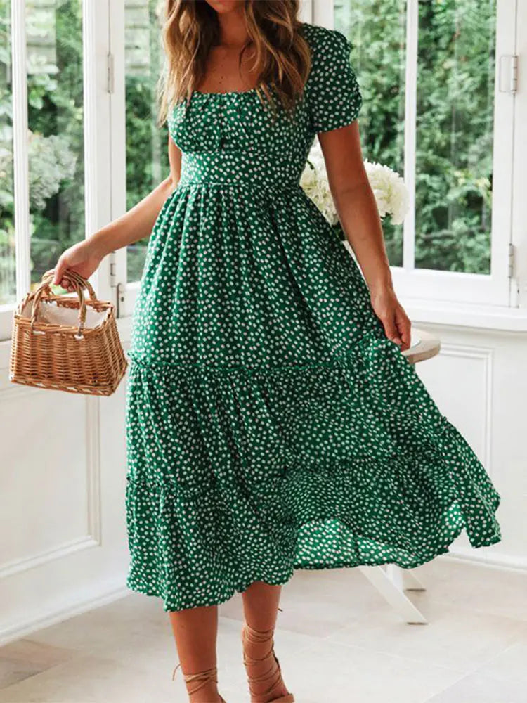 Vestidos Vintage Print Puff Sleeve Dress